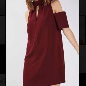 Topshop Maroon High Neck Cold Shoulder Dress